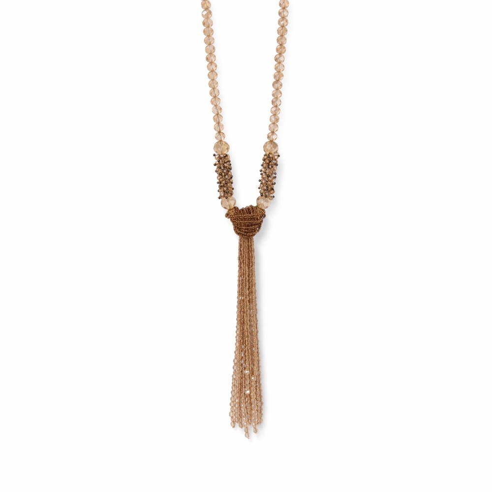 Champagne Beaded Tassel Necklace 19” Neutral Statement